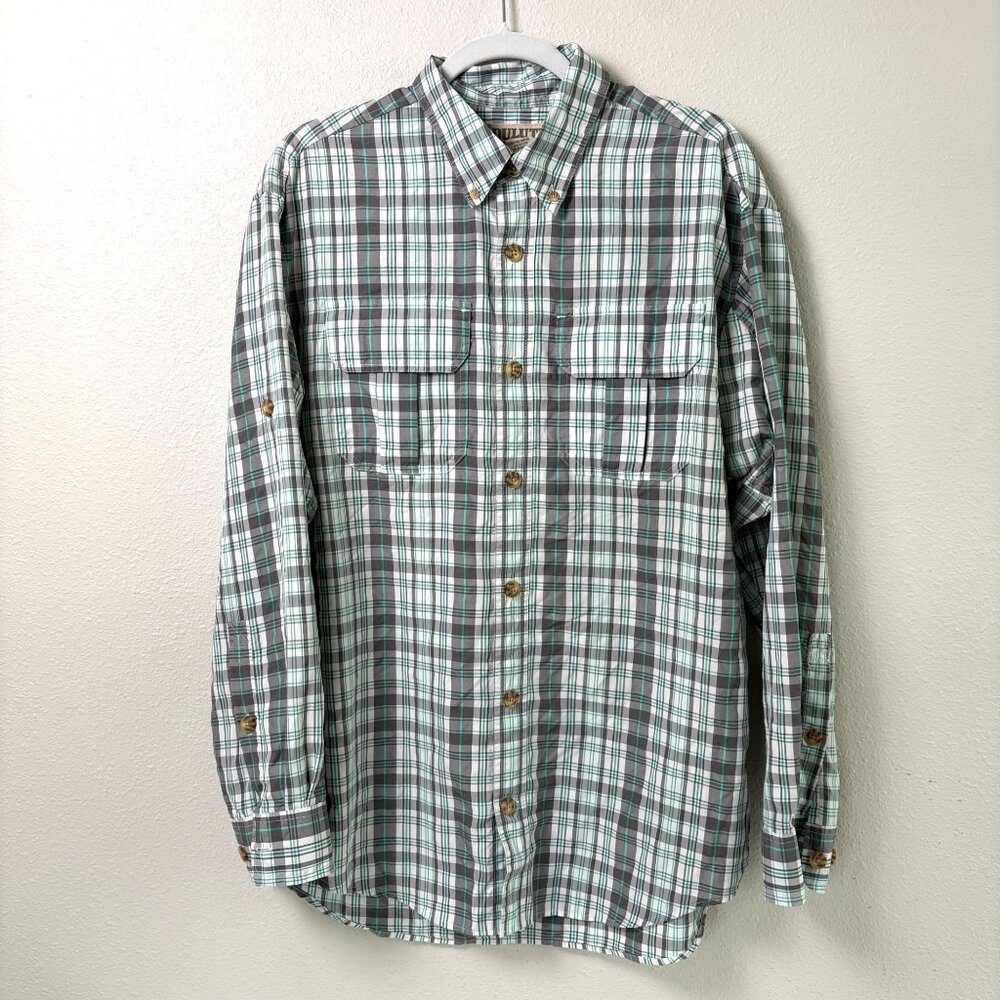 Duluth Trading Co Button Front Shirt Mens M Green Gray Plaid‎ Roll Tab Outdoors